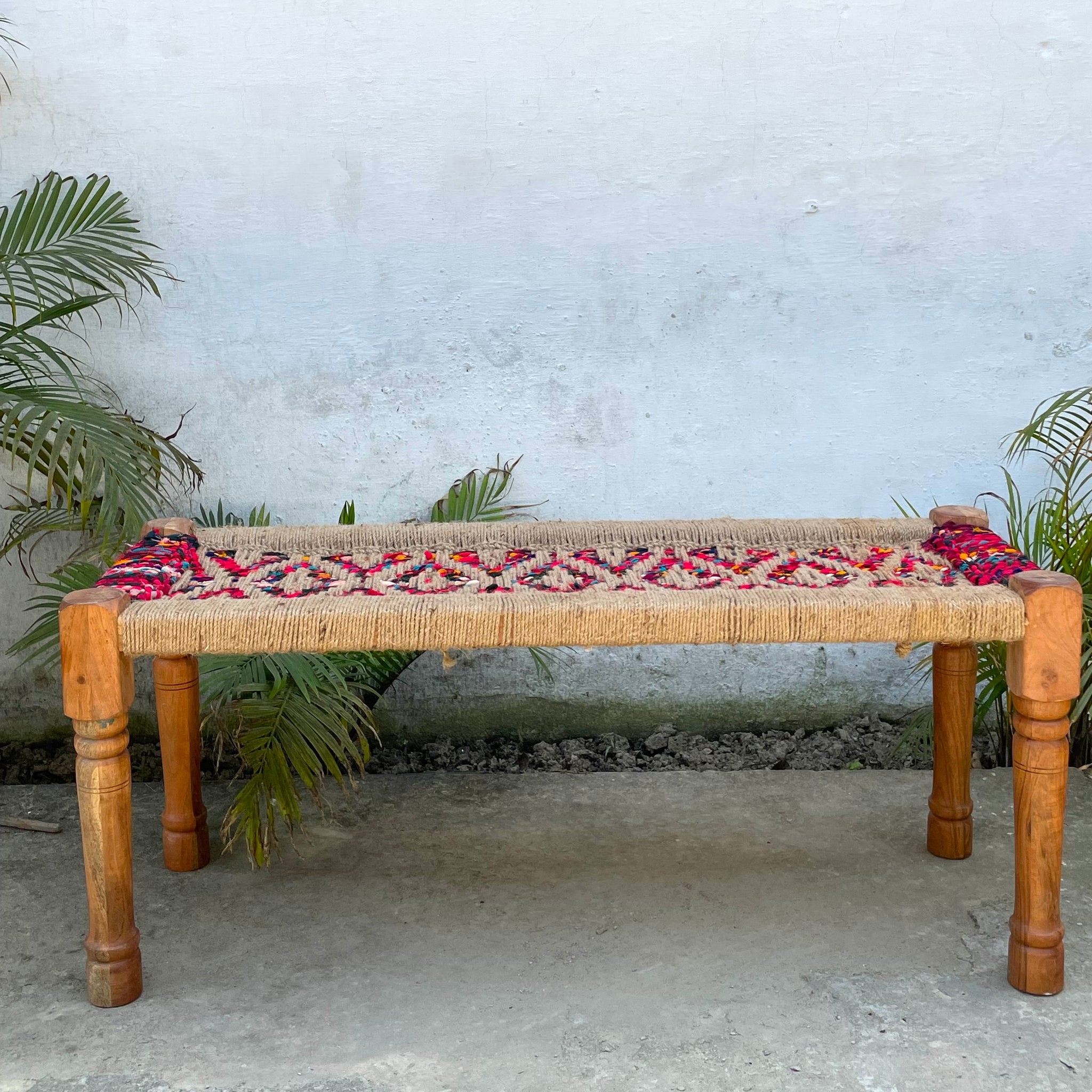 Handcrafted Rainbow Jute & Textile Wooden Bench