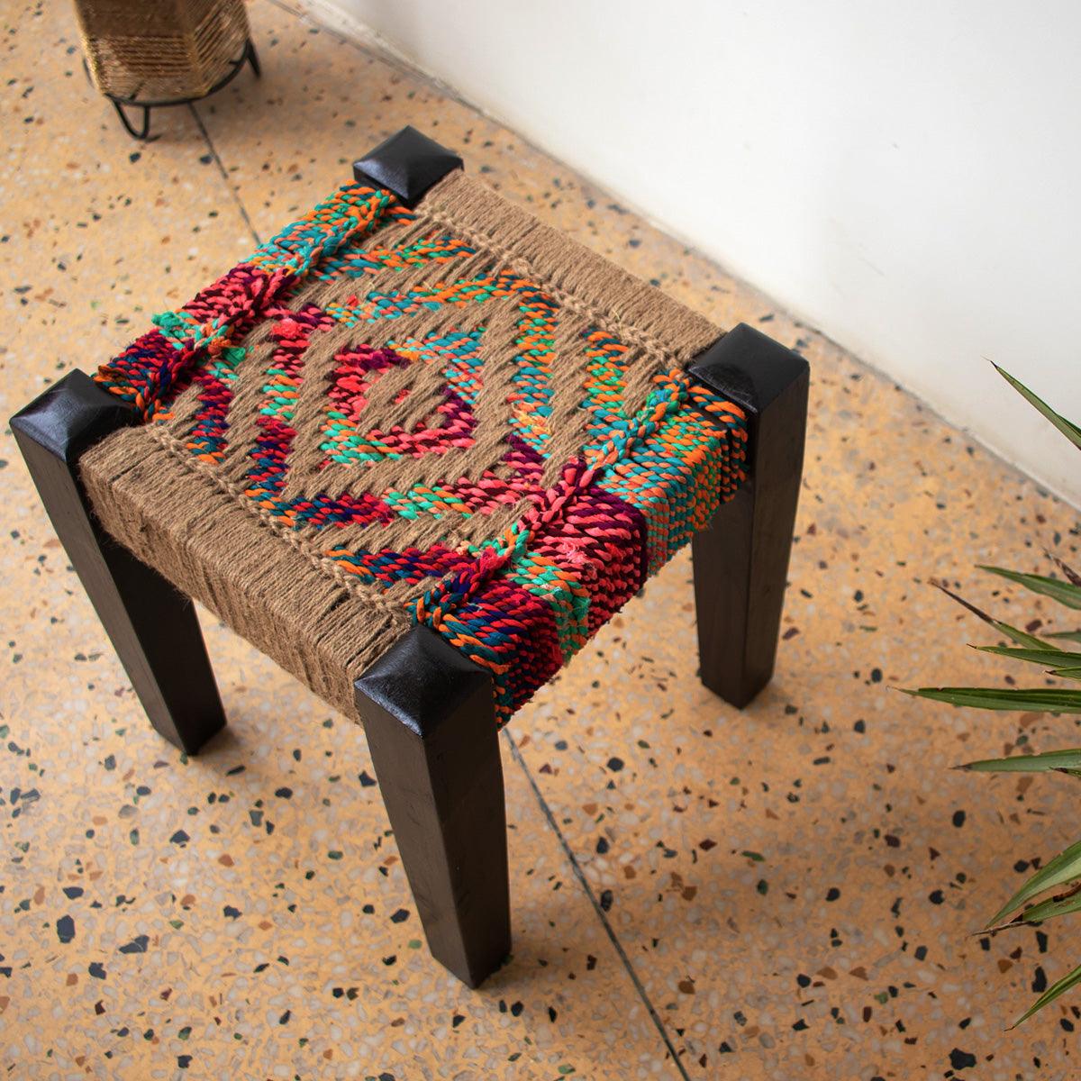 Chestnut Jute & Textile Wooden Stool - Sirohi.org - Colour_Multi-Colour, Purpose_Indoor Seating, Purpose_Outdoor Seating, Rope Material_Textile Waste