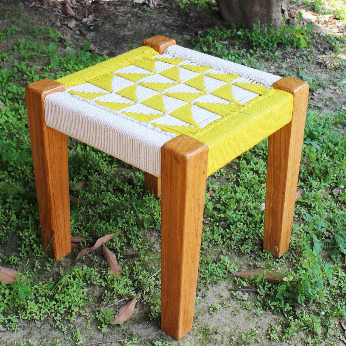 Pyramid Recycled Cotton Stool - Sirohi.org - Colour_White, Colour_Yellow, Purpose_Indoor Seating, Rope Material_Recycled Cotton