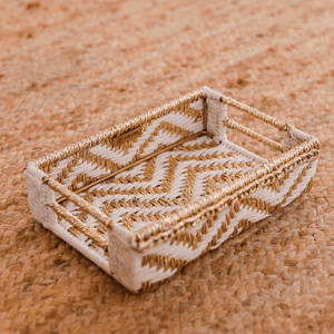 Chevron Upcycled Plastic Tray - Sirohi.org - Colour_Gold, Colour_White, purpose_decor, Purpose_Storage, rope material _macrame, Rope Material_Plastic Waste