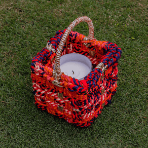 Magenta Upcycled Textile Basket with Handle - Sirohi.org - Colour_Multi-Colour, Purpose_Home Accessory, Purpose_Organiser, Purpose_Storage, Rope Material_Textile Waste