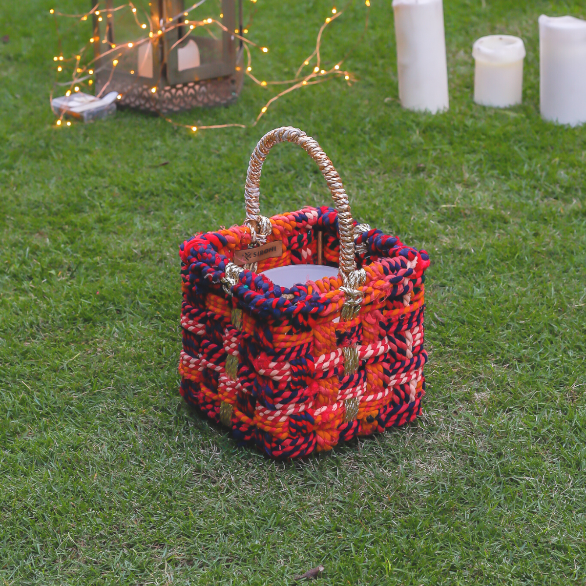 Magenta Upcycled Textile Basket with Handle