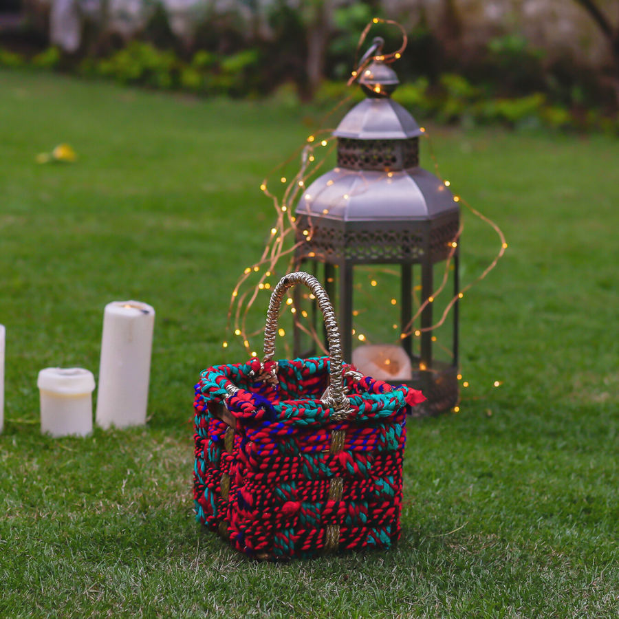 Magenta Upcycled Textile Basket with Handle
