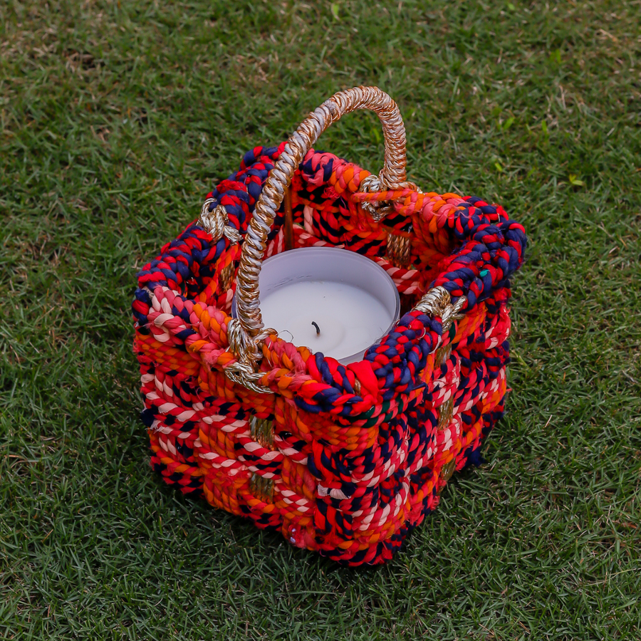 Magenta Upcycled Textile Basket with Handle