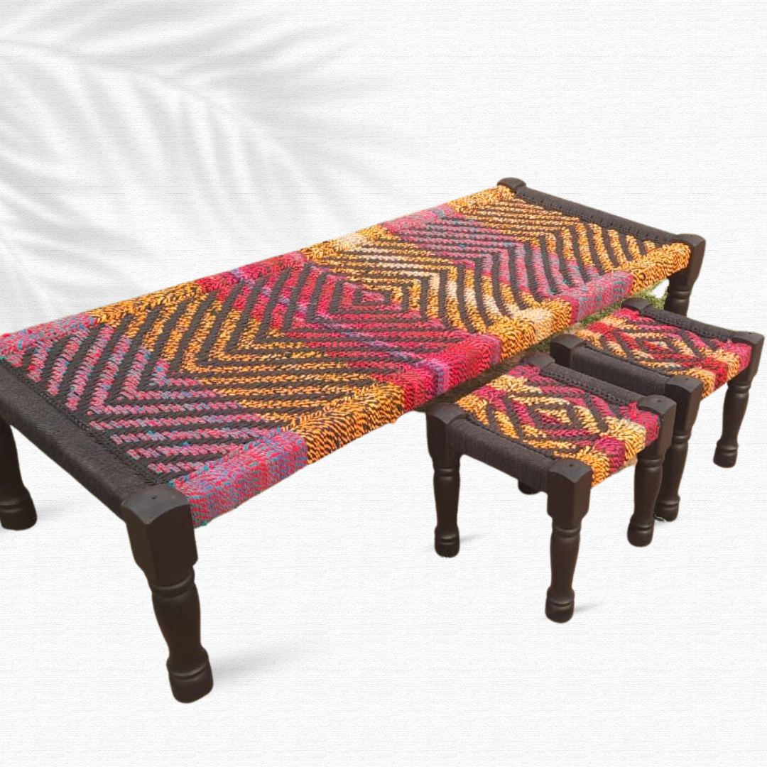 Kaleidoscopic Textile & Jute Charpai & Stools - Set of 3