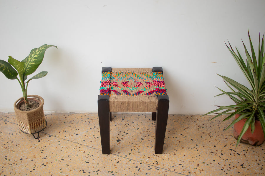 Chestnut Jute & Textile Wooden Stool