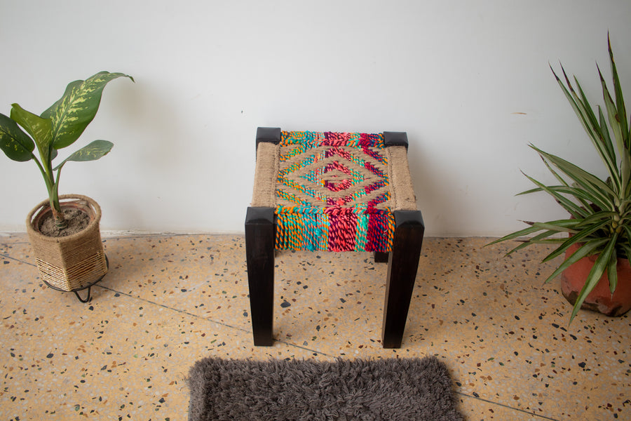 Chestnut Jute & Textile Wooden Stool