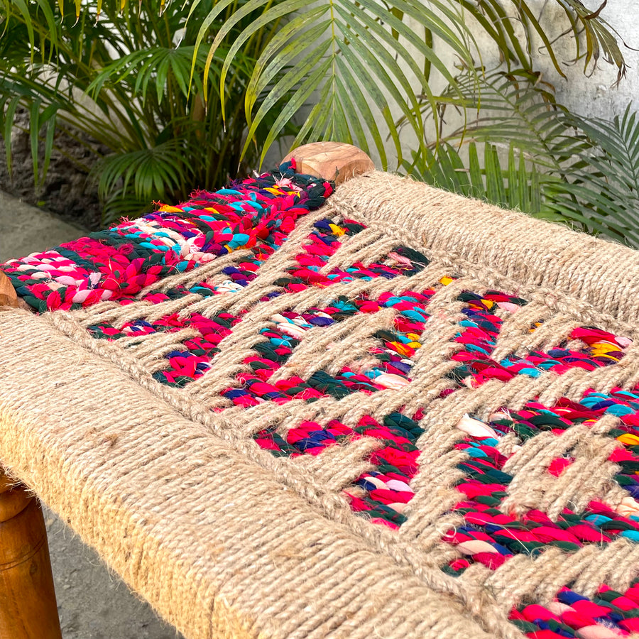 Handcrafted Rainbow Jute & Textile Wooden Bench