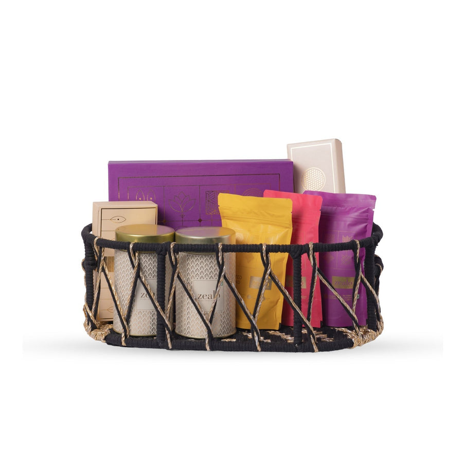 Basket with colorful items on a white background
