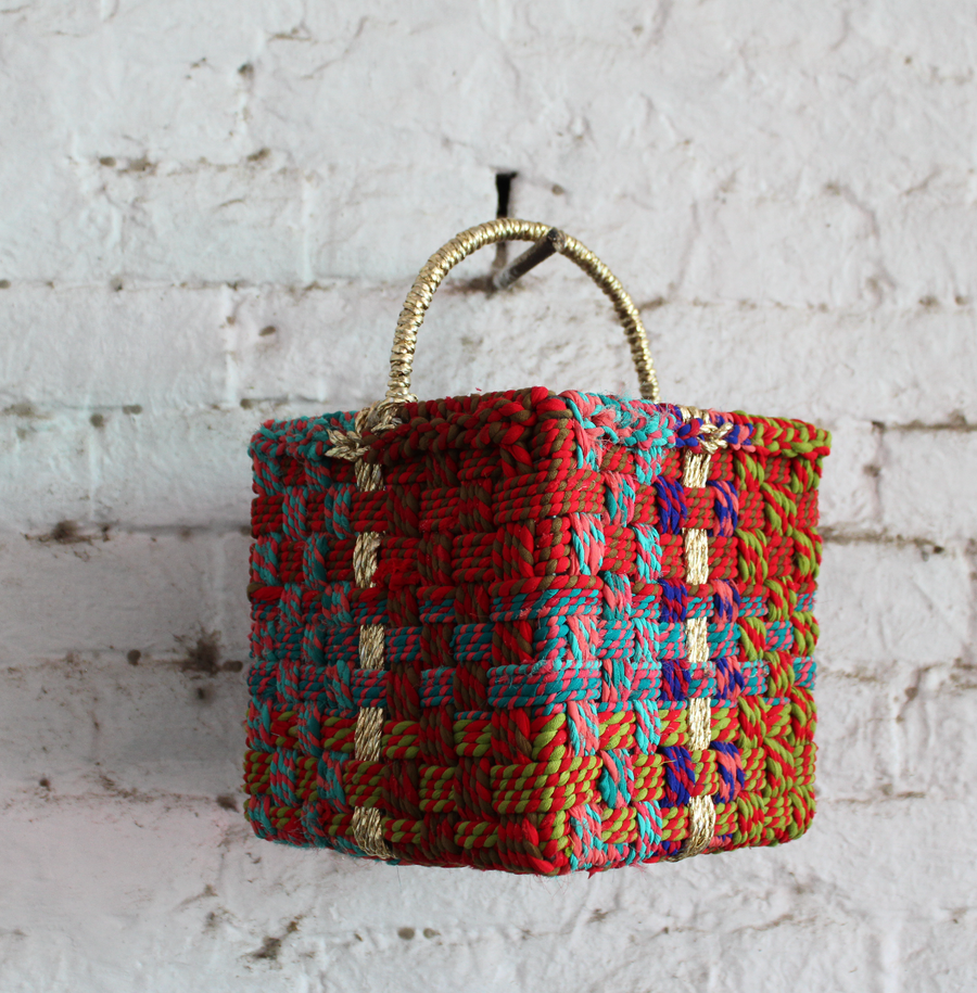 Magenta Upcycled Textile Basket with Handle