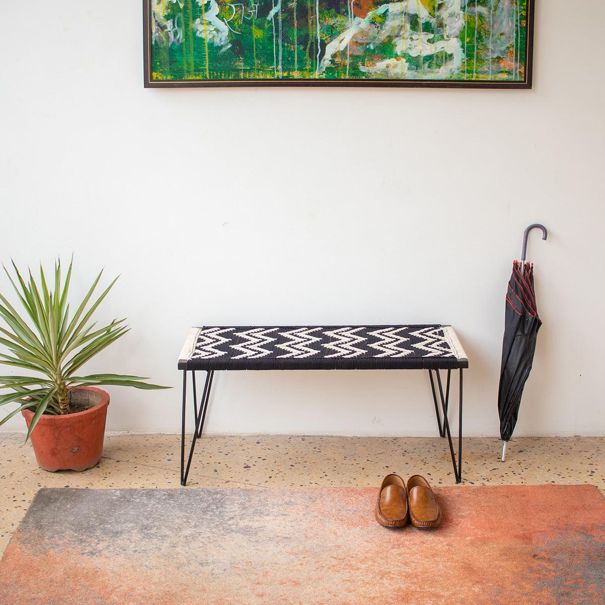 Double Wave Recycled Cotton Metal Bench - Sirohi.org - Purpose_Indoor Seating, Rope Material_Recycled Cotton