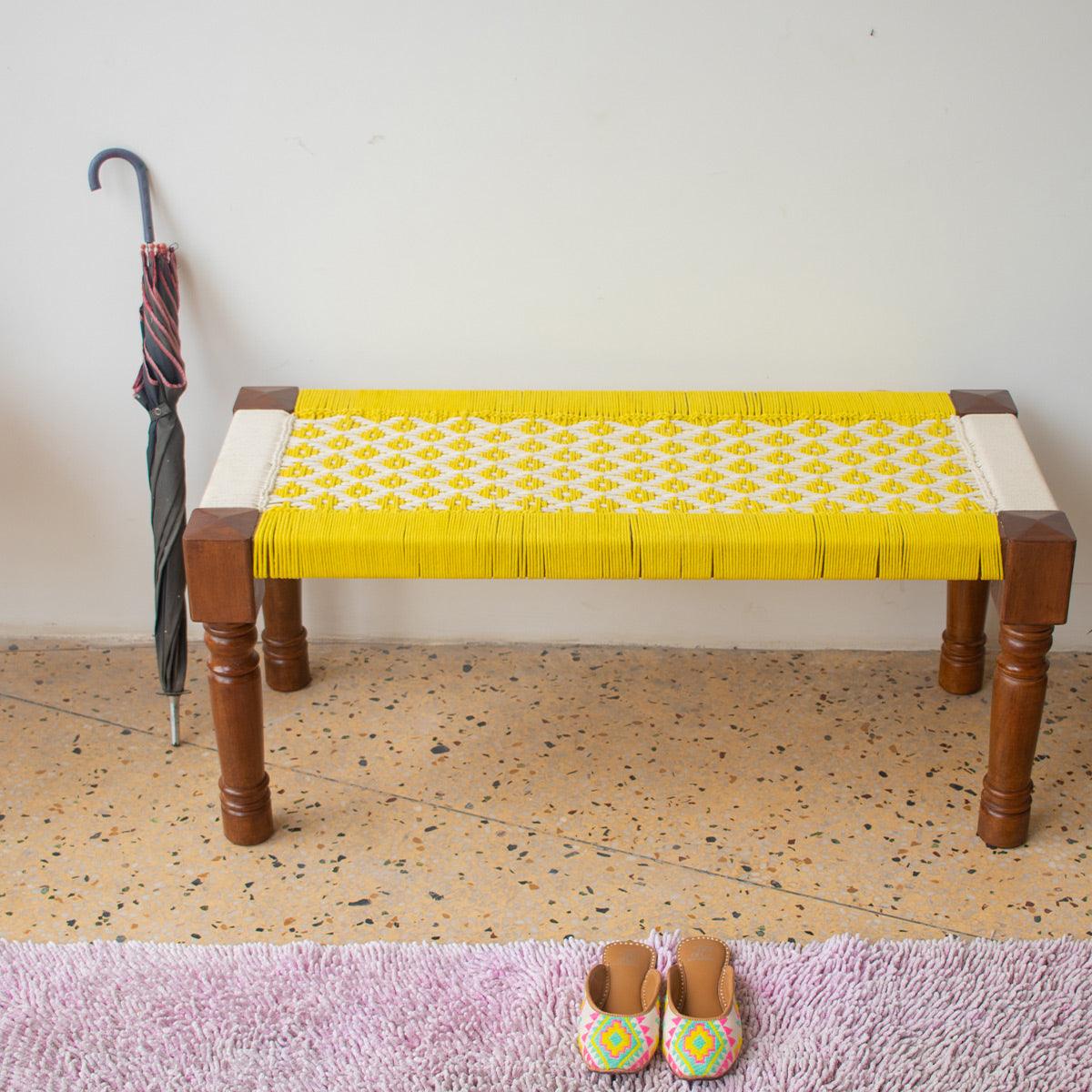 Parrotfinch Recycled Cotton Wooden Bench - Sirohi.org - Colour_White, Colour_Yellow, Purpose_Indoor Seating, Purpose_Outdoor Seating, Rope Material_Recycled Cotton