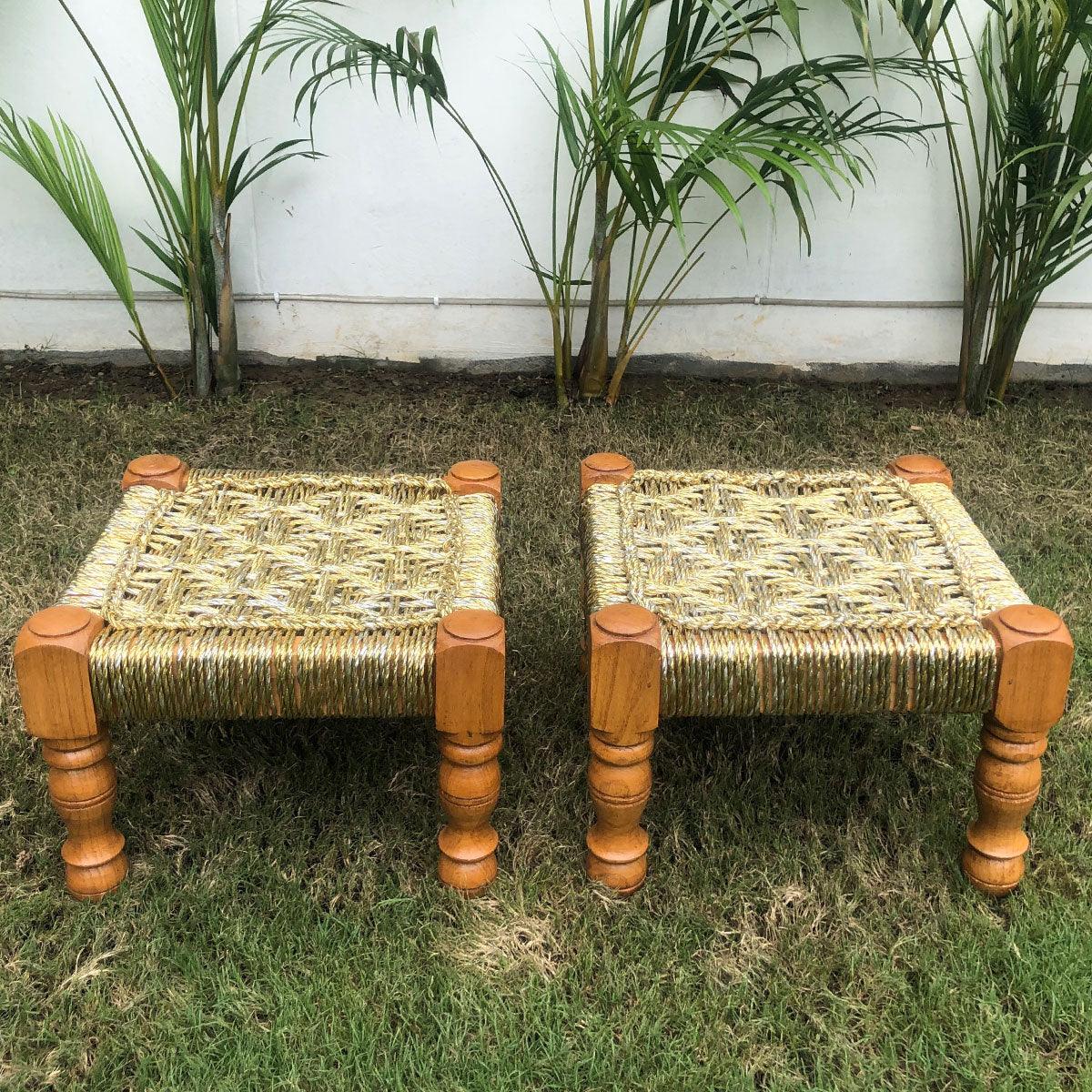 Anjuri's Charm Upcycled Gold Plastic Stool - Sirohi.org - Colour_Gold, Purpose_Indoor Seating, Purpose_Outdoor Seating, Rope Material_Plastic Waste