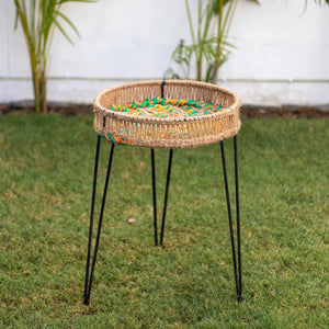 Ida Round Tray Table (Small) - Sirohi.org - Colour_Jute Beige, Colour_Multi-Colour, Purpose_Home Accessory, Rope Material_Natural Jute Fibre, Rope Material_Textile Waste
