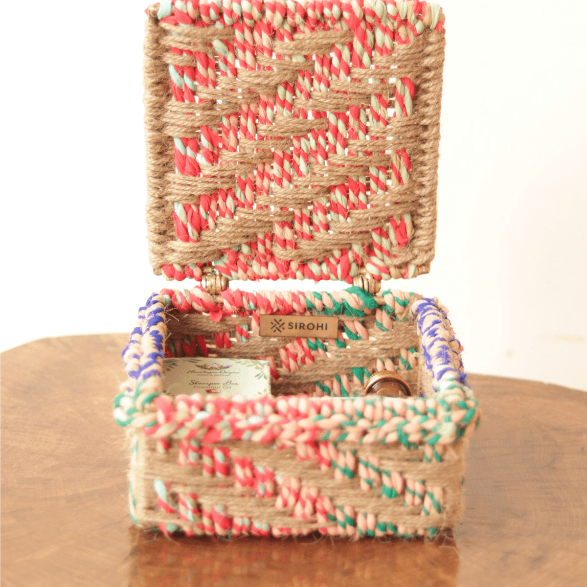 Essence Upcycled Textile Box - Sirohi.org - Colour_Jute Beige, Colour_Multi-Colour, Purpose_Home Accessory, Purpose_Storage, Rope Material_Natural Jute Fibre, Rope Material_Textile Waste