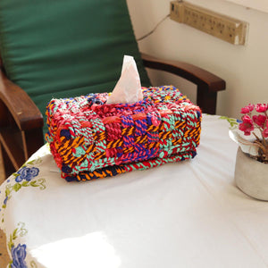 Sawan Upcycled Textile Tissue Box - Sirohi.org - Colour_Multi-Colour, Purpose_Storage, Rope Material_Natural Jute Fibre, Rope Material_Textile Waste