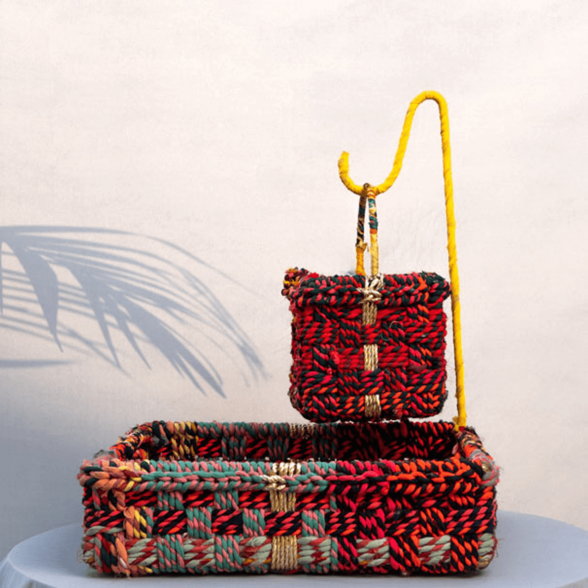 Double Decker Upcycled Textile Tray - Sirohi.org - Colour_Gold, Colour_Multi-Colour, Purpose_Home Accessory, Purpose_Organiser, Rope Material_Natural Jute Fibre, Rope Material_Plastic Waste, Rope Material_Textile Waste