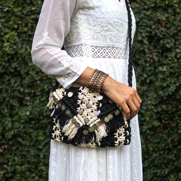 Afghani Tribal Macrame Cotton Sling Bag - Sirohi.org - Colour_White, Colour_Yellow, Purpose_Accessory, Rope Material_Recycled Cotton