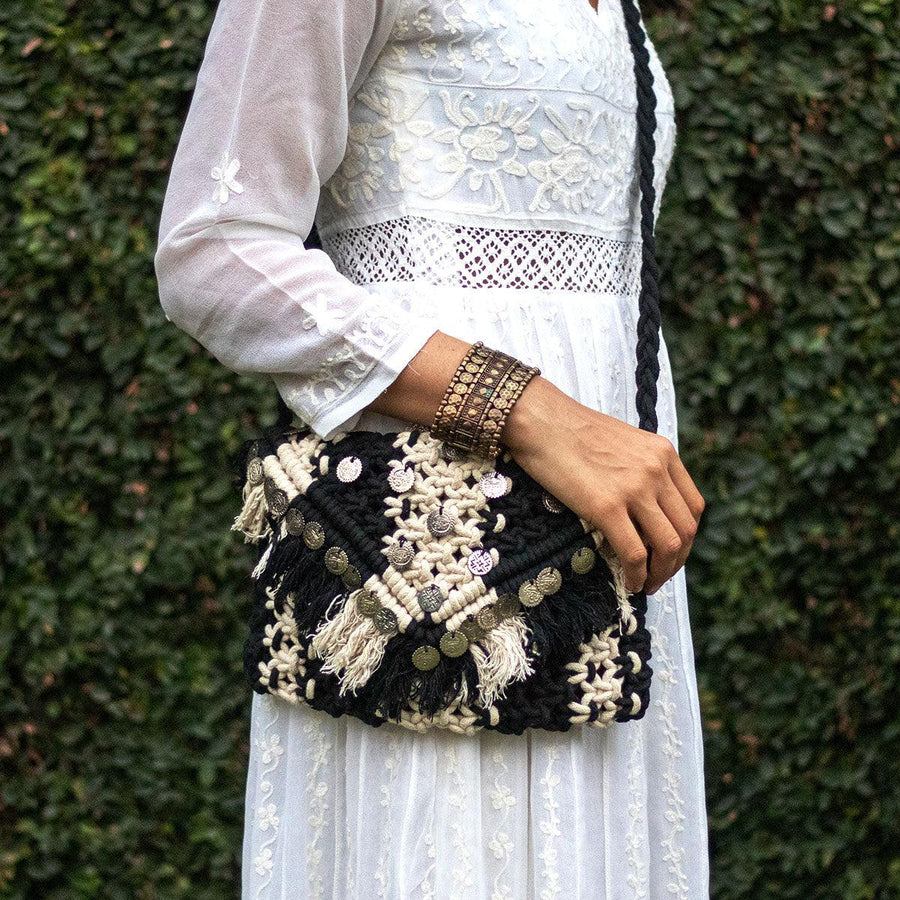 Afghani Tribal Macrame Cotton Sling Bag - Sirohi.org - Colour_White, Colour_Yellow, Purpose_Accessory, Rope Material_Recycled Cotton