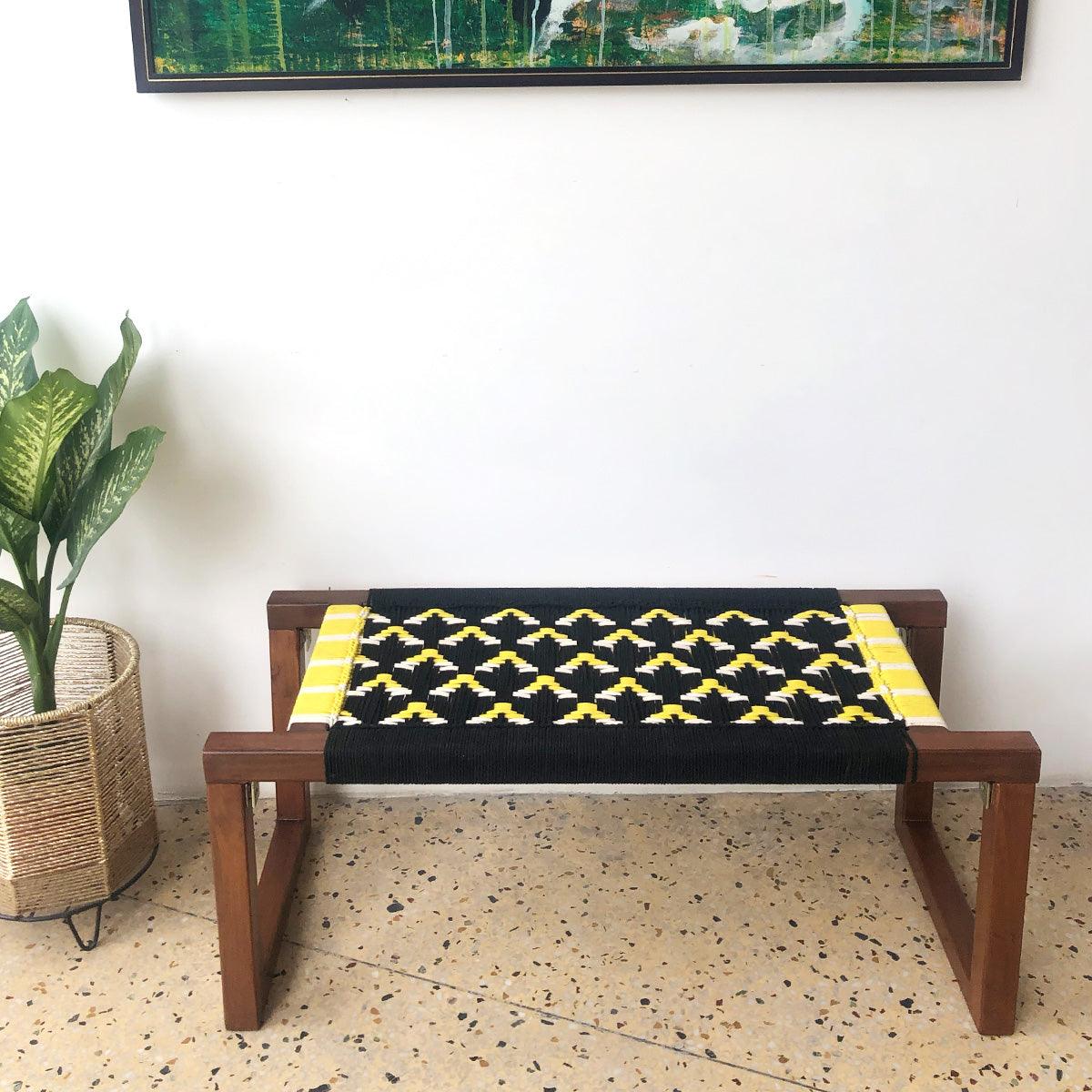 Busy Bee Recycled Cotton Wooden Bench - Sirohi.org - Colour_Black, Colour_Yellow, Purpose_Indoor Seating, Purpose_Outdoor Seating, Rope Material_Recycled Cotton