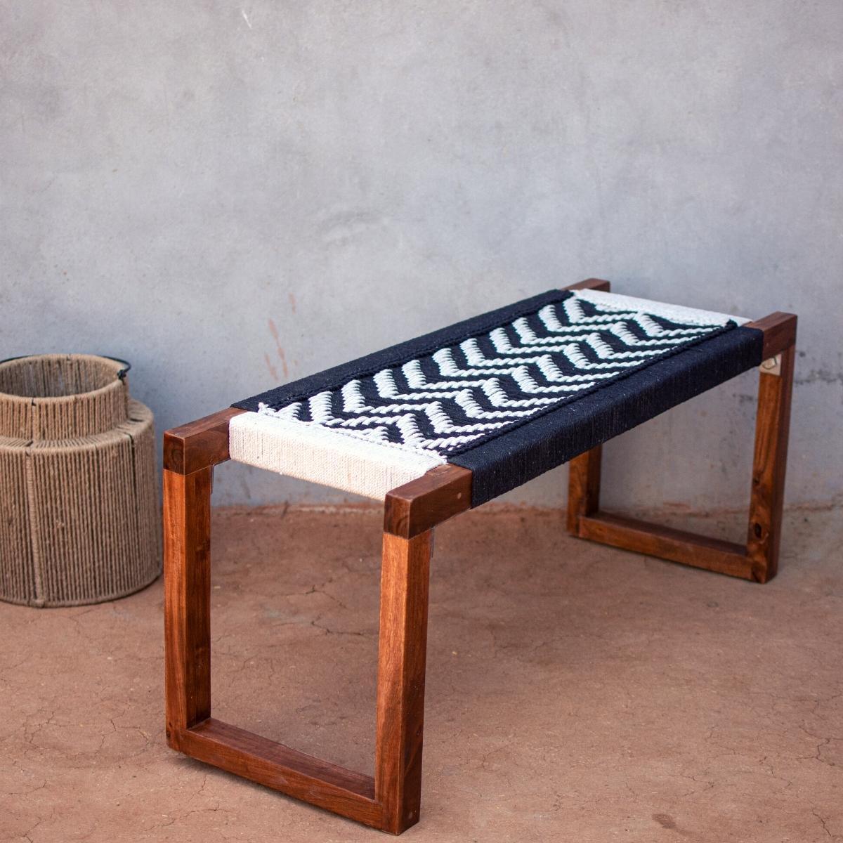 Double Wave Recycled Cotton Wooden Bench - Sirohi.org - Purpose_Indoor Seating, Purpose_Outdoor Seating, Rope Material_Recycled Cotton
