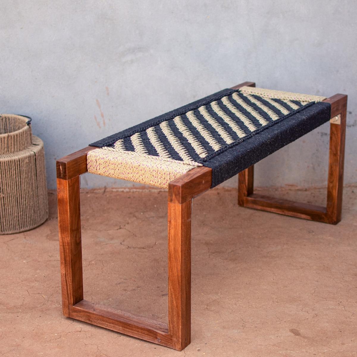 Cotton Wooden Bench with Handwoven Craft Finish Sirohi