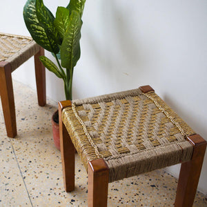 Lustrous Duckling Jute & Gold Stool - Sirohi.org - Colour_Gold, Colour_Jute Beige, Purpose_Indoor Seating, Purpose_Outdoor Seating, Rope Material_Plastic Waste