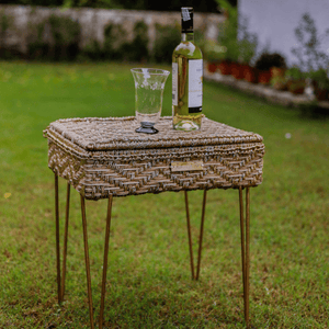 Gin Bar Upcycled Plastic Ropes Metal Stand - Sirohi.org - Colour_Gold, Colour_Jute Beige, Purpose_Home Accessory, Purpose_Storage, Rope Material_Natural Jute Fibre, Rope Material_Plastic Waste