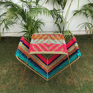 Newspaper Jute & Textile Tray Table - Sirohi.org - Colour_Gold, Colour_Jute Beige, Colour_Multi-Colour, Purpose_Home Accessory, Rope Material_Natural Jute Fibre, Rope Material_Plastic Waste, Rope Material_Textile Waste