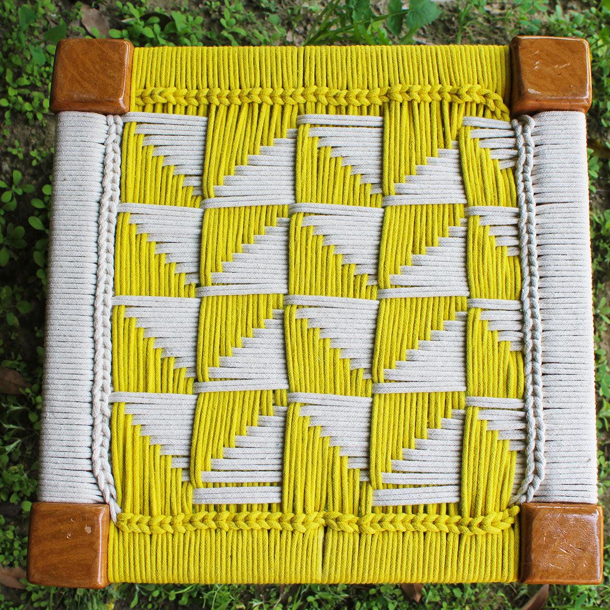 Pyramid Recycled Cotton Stool - Sirohi.org - Colour_White, Colour_Yellow, Purpose_Indoor Seating, Rope Material_Recycled Cotton
