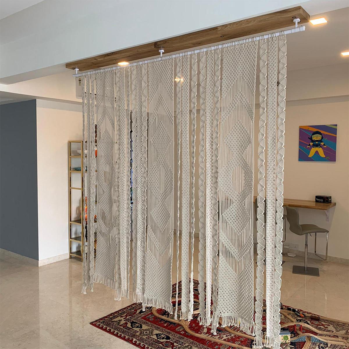 Pearl Macrame Cotton Screen Divider - Sirohi.org - Colour_White, Purpose_Home Accessory, Purpose_Organiser, Rope Material_Recycled Cotton