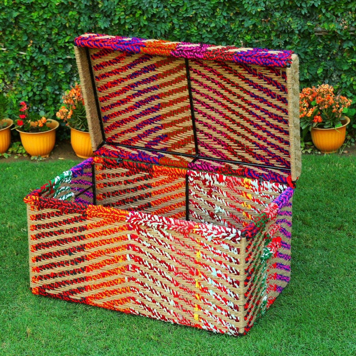 Sarangi Upcycled Textile Trunk - Sirohi.org - Colour_Jute Beige, Colour_Multi-Colour, Purpose_Storage, Rope Material_Natural Jute Fibre