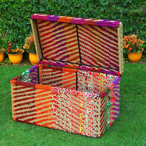 Sarangi Upcycled Textile Trunk - Sirohi.org - Colour_Jute Beige, Colour_Multi-Colour, Purpose_Storage, Rope Material_Natural Jute Fibre