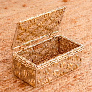 Nihaar Jute & Gold Box - Sirohi.org - Colour_Gold, Colour_Jute Beige, Purpose_Home Accessory, Purpose_Storage, Rope Material_Natural Jute Fibre, Rope Material_Plastic Waste