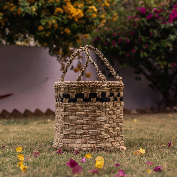 Ivory Jute & Cotton Round Basket - Sirohi.org - 