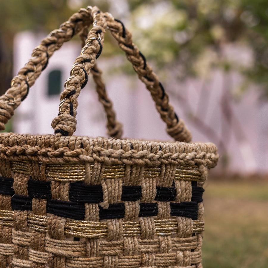 Ivory Jute & Cotton Round Basket - Sirohi.org - 