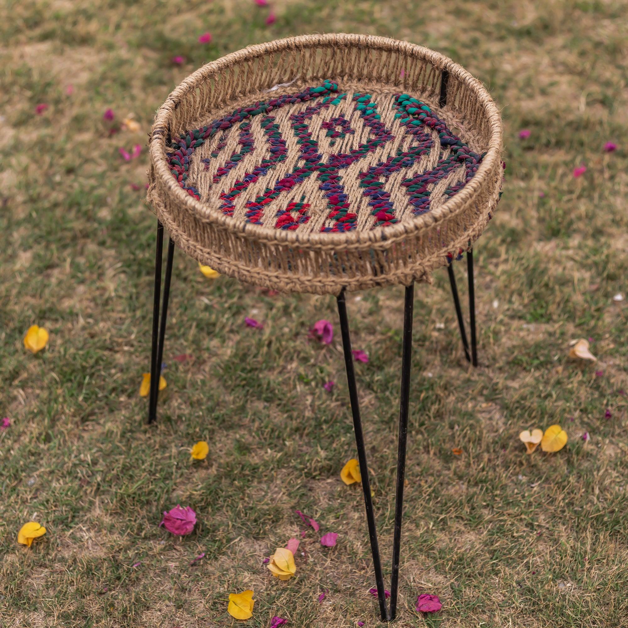 Ida Round Tray Table (Small) - Sirohi.org - Colour_Jute Beige, Colour_Multi-Colour, Purpose_Home Accessory, Rope Material_Natural Jute Fibre, Rope Material_Textile Waste