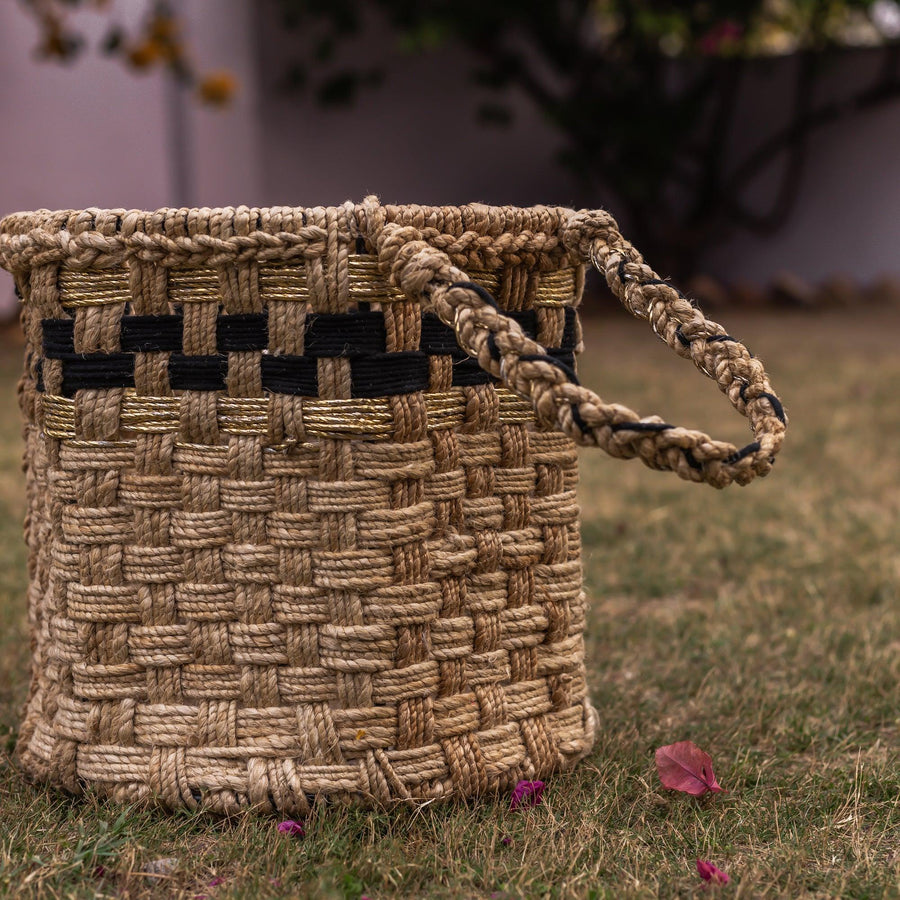 Ivory Jute & Cotton Round Basket - Sirohi.org - 