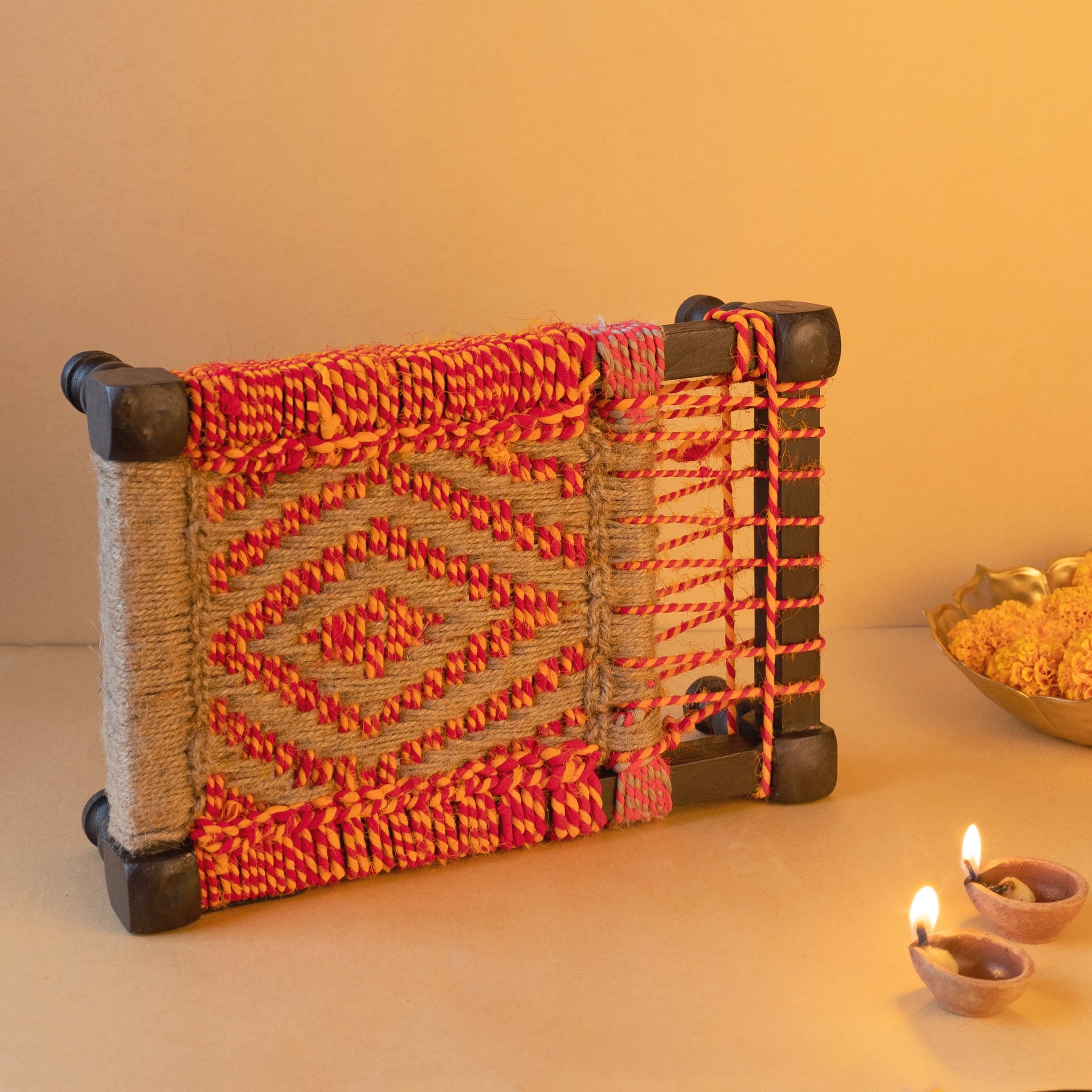 Multicolor Upcycled Textile Jute Mini Charpai Sirohi multicolor-upcycled-textile-jute-mini-charpai-sirohi
