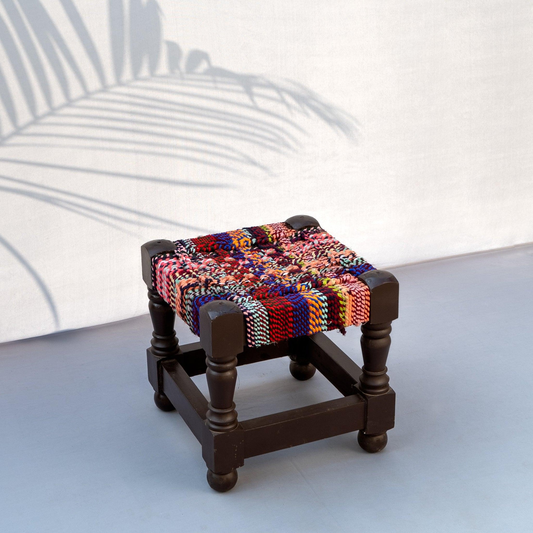 Chindi Textile Wooden Stool - Sirohi.org - Colour_Multi-Colour, Purpose_Outdoor Seating, Rope Material_Textile Waste