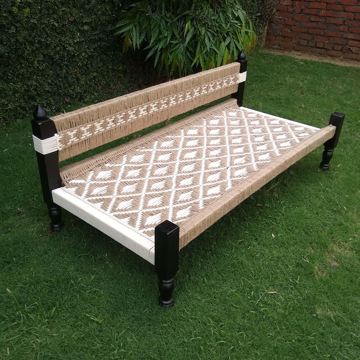 Prerna Jute & White Cotton Day Bed - Sirohi.org - Colour_Jute Beige, Colour_White, Purpose_Indoor Seating, Rope Material_Natural Jute Fibre, Rope Material_Recycled Cotton