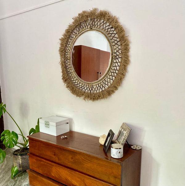 Gypsy Natural Jute Round Mirror - Sirohi.org - Colour_Jute Beige, Purpose_Home Accessory, Rope Material_Natural Jute Fibre